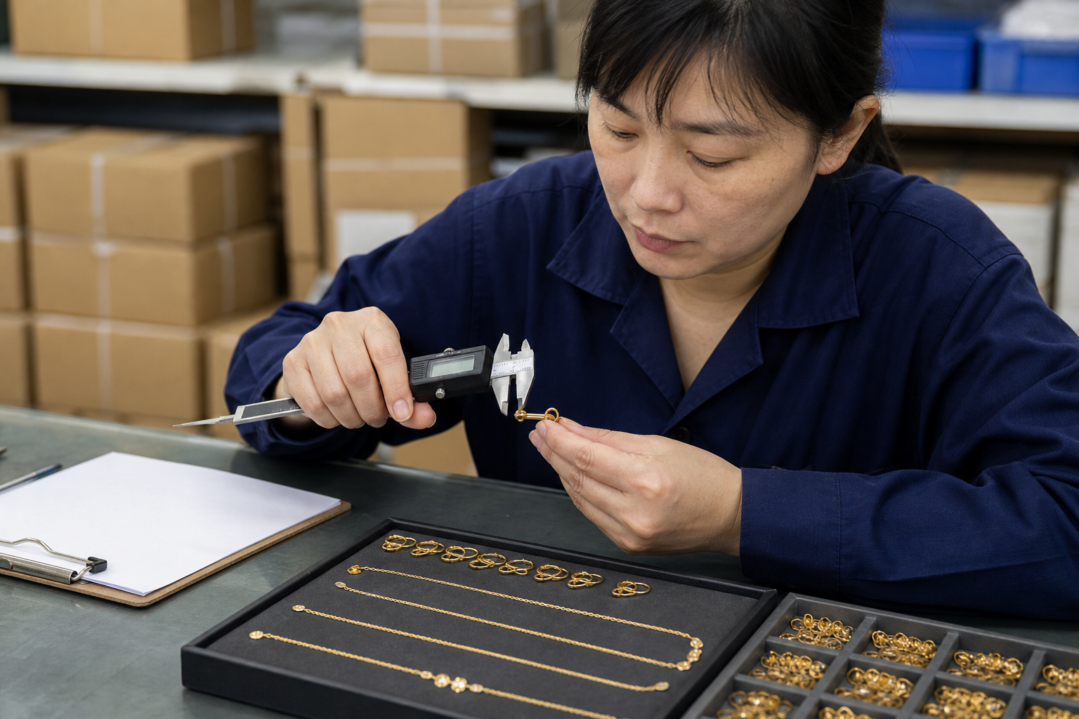 Asian jewelry quality inspector checking finished jewelry and components with digital calipers before shipment.