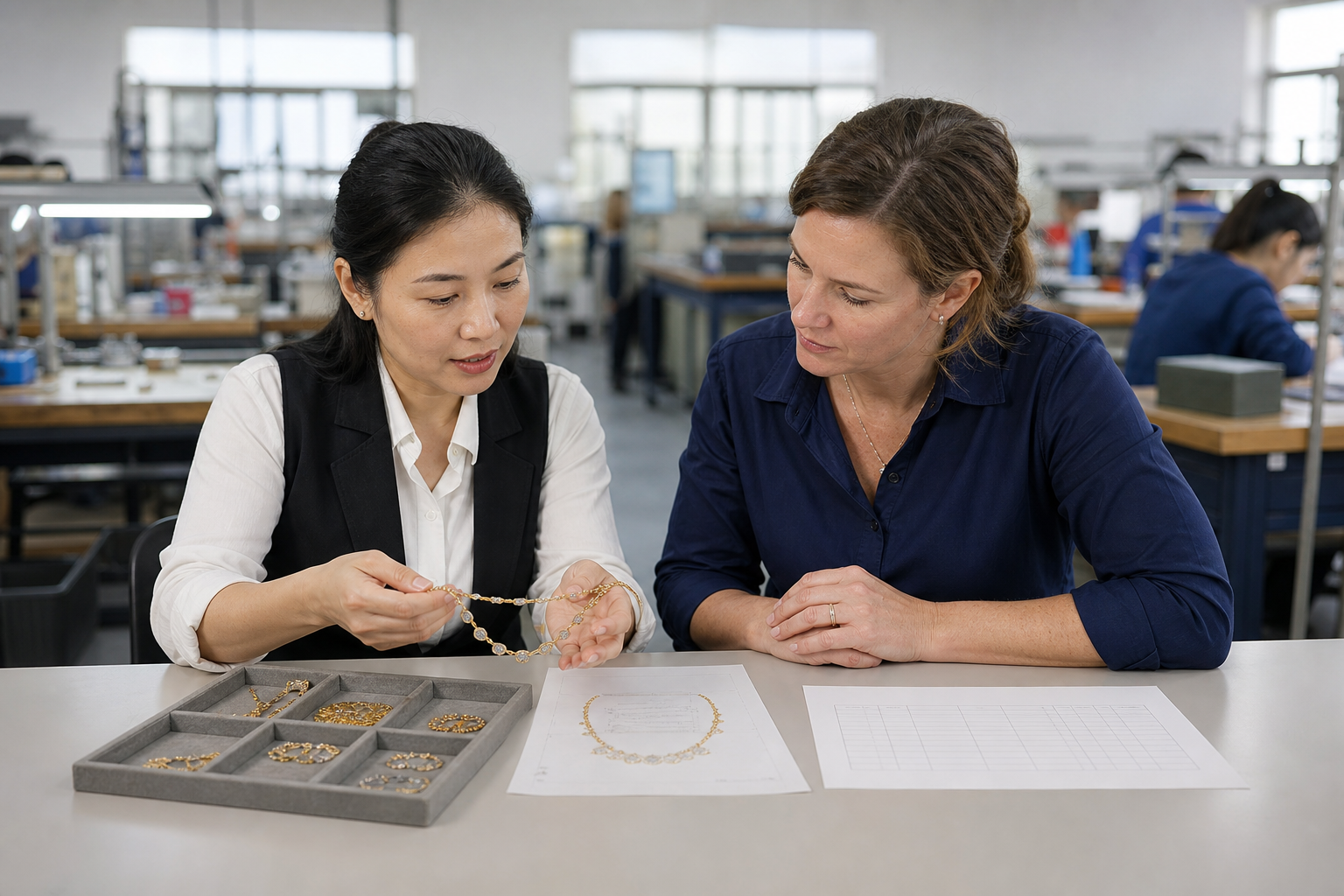 Asian jewelry production manager and buyer comparing finished jewelry, components, a technical drawing, and a quotation worksheet.