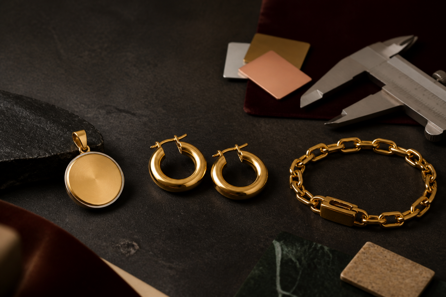 Jewelry components organized in labeled trays during a material traceability review.
