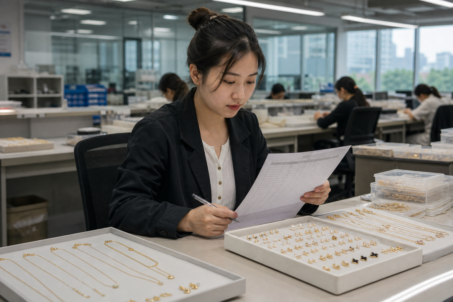 Asian jewelry production planner reviewing SKU quantities and sample pieces at a factory workbench.