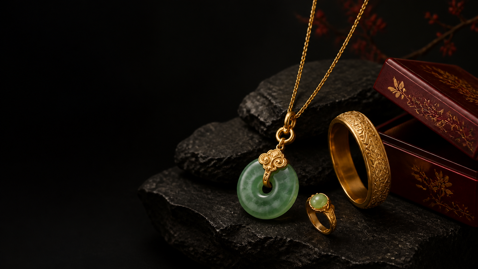 Asian packaging specialist reviewing jewelry boxes, pouches, cards, and finished necklaces for a private-label order.