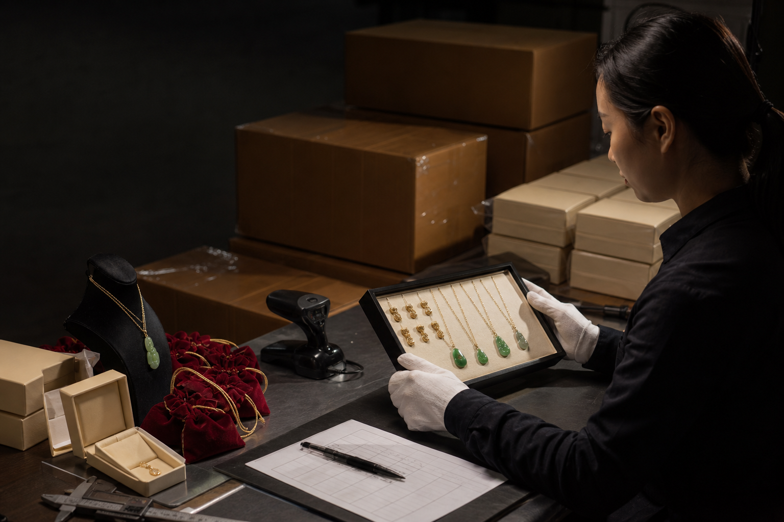 Asian jewelry technician reviewing a technical specification sheet beside calipers and product samples.